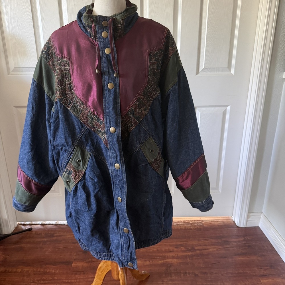 Vintage Denim Tapestry Jacket Womens 2XL Quilted Western Boho Patchwork Blair